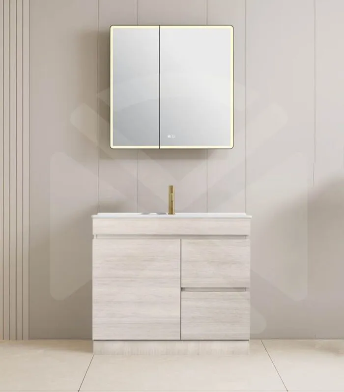 Camden 900mm Floorstanding Vanity with Kickboard - Coastal Oak with Ceramic Top RHD