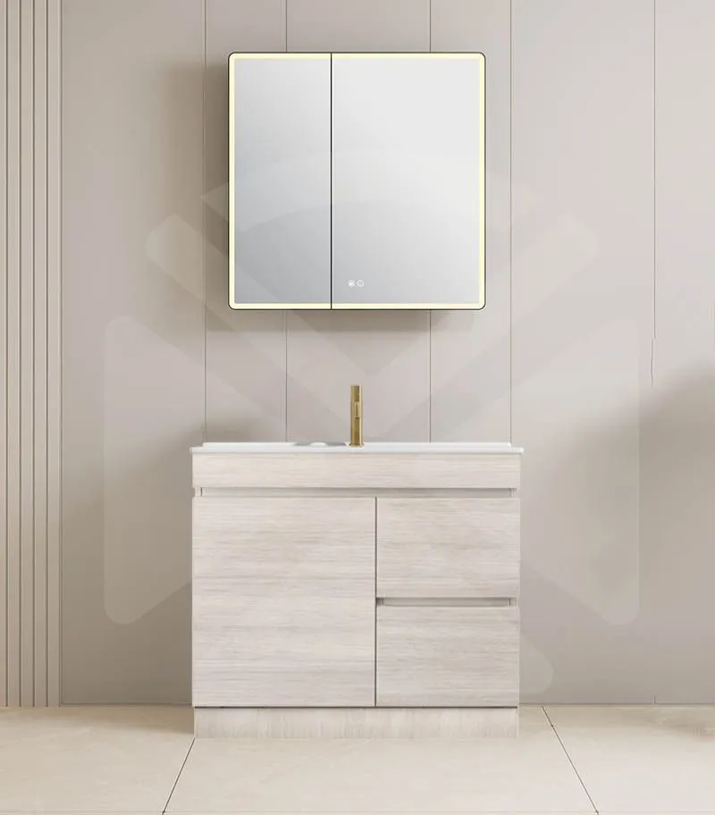 Camden 900mm Floorstanding Vanity with Kickboard - Coastal Oak with Ceramic Top RHD