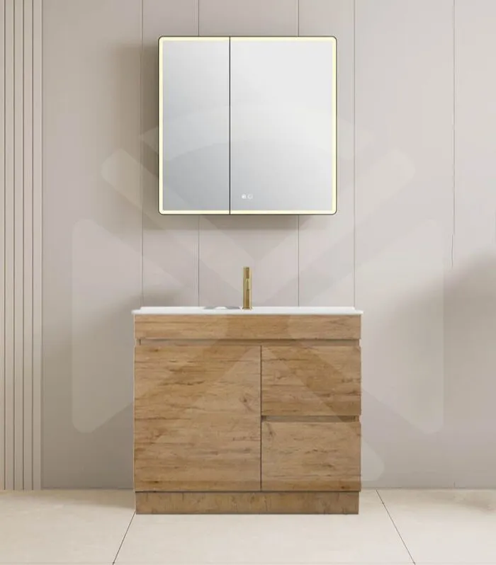 Camden 900mm Floorstanding Vanity with Kickboard - Prime Oak with Ceramic Top RHD