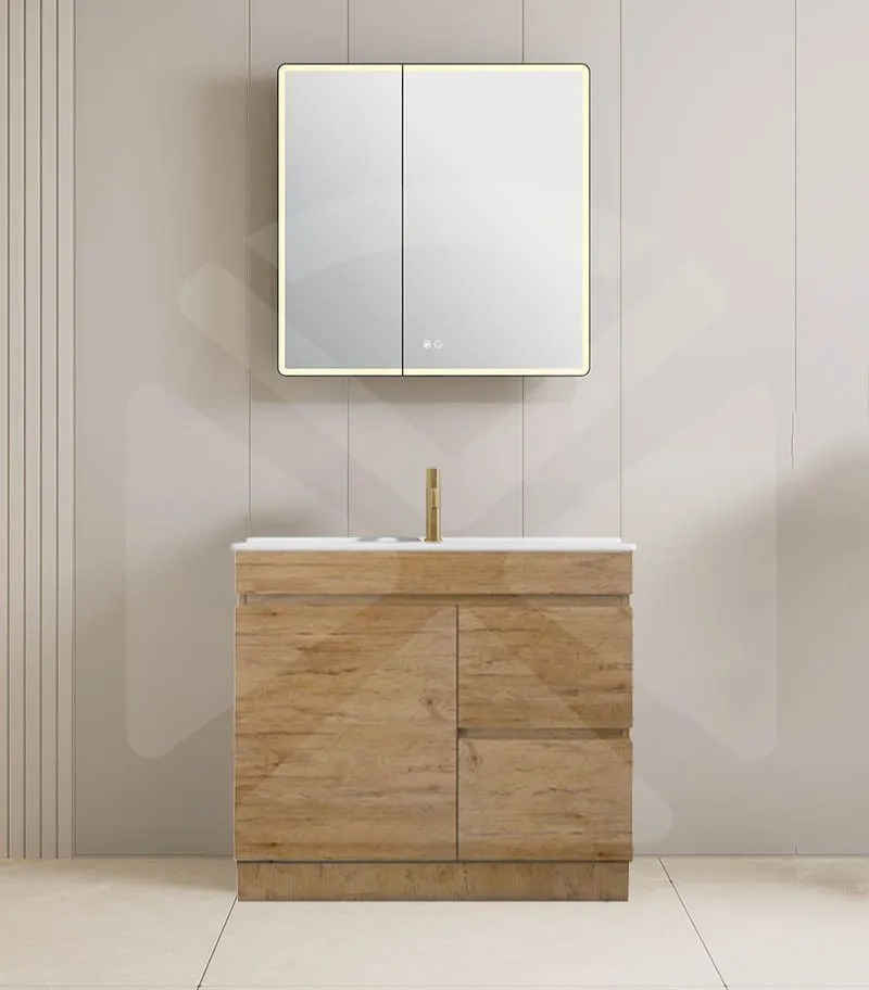 Camden 900mm Floorstanding Vanity with Kickboard - Prime Oak with Ceramic Top RHD