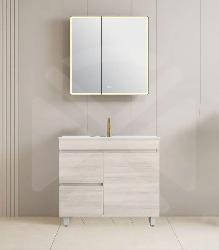 Camden 900mm Floorstanding Vanity with Legs - Coastal Oak with Ceramic Top LHD