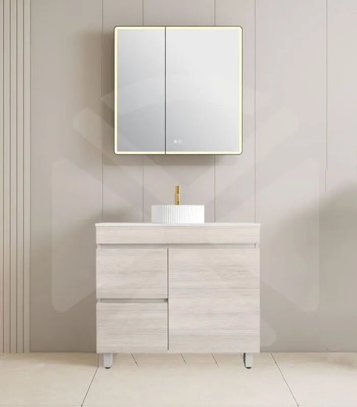 Camden 900mm Floorstanding Vanity with Legs - Coastal Oak with Marble Stone Top LHD