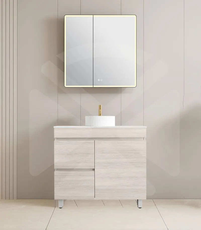 Camden 900mm Floorstanding Vanity with Legs - Coastal Oak with Marble Stone Top LHD