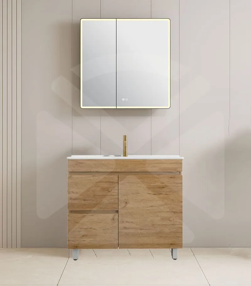 Camden 900mm Floorstanding Vanity with Legs - Prime Oak with Ceramic Top LHD