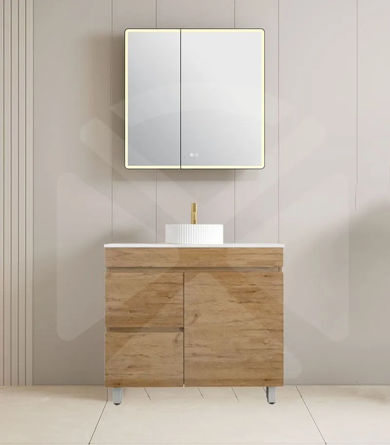 Camden 900mm Floorstanding Vanity with Legs - Prime Oak with Marble Stone Top LHD