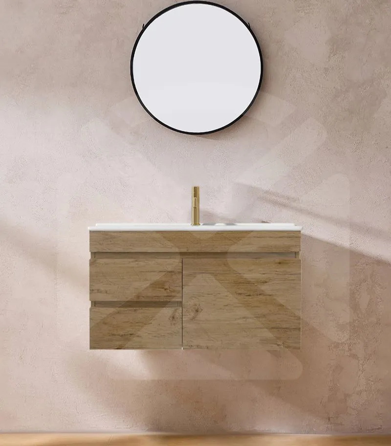Camden 900mm Wall Hung Vanity - Prime Oak with Ceramic Top LHD