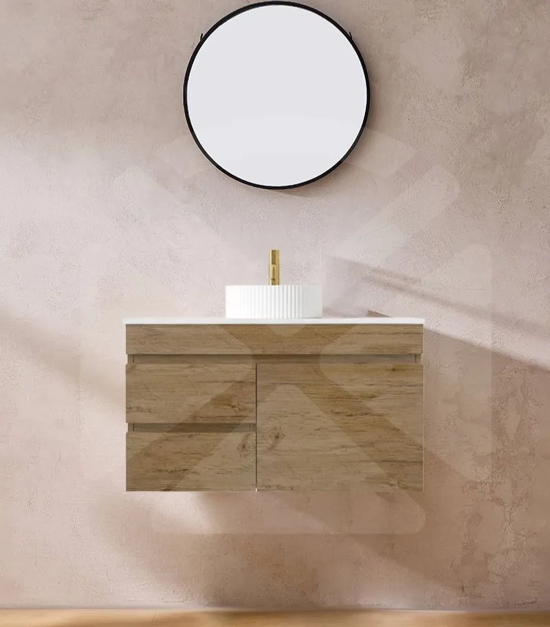 Camden 900mm Wall Hung Vanity - Prime Oak with Marble Stone Top LHD