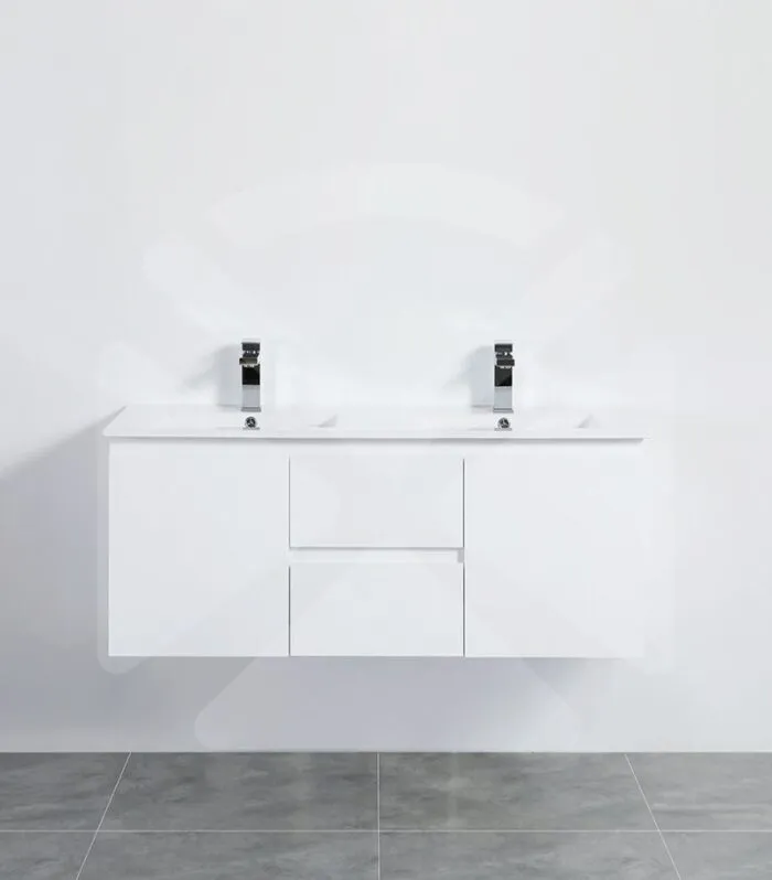 Alpha 1200mm Double Bowl Wall Hung Vanity - Gloss White with Ceramic Top