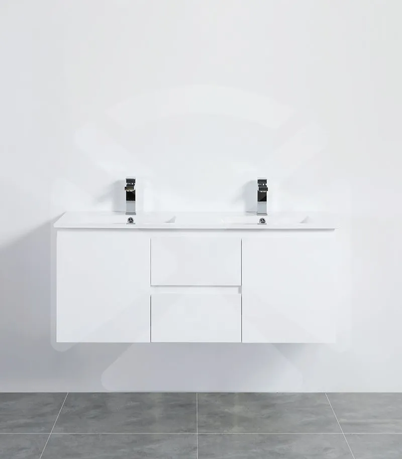 Alpha 1200mm Double Bowl Wall Hung Vanity - Gloss White with Ceramic Top