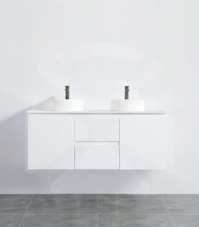 Alpha 1200mm Double Bowl Wall Hung Vanity - Gloss White with Marble Stone Top