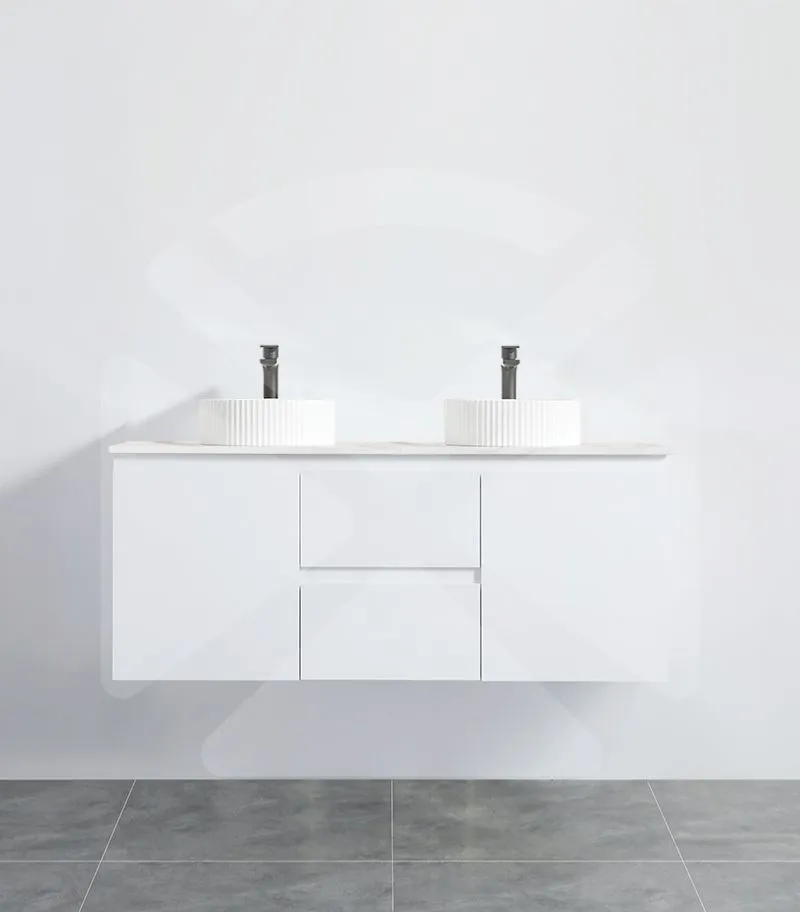 Alpha 1200mm Double Bowl Wall Hung Vanity - Gloss White with Marble Stone Top