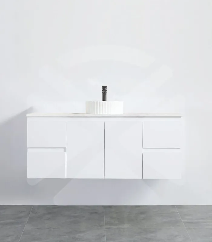 Alpha 1200mm Single Bowl Wall Hung Vanity - Gloss White with Marble Stone Top
