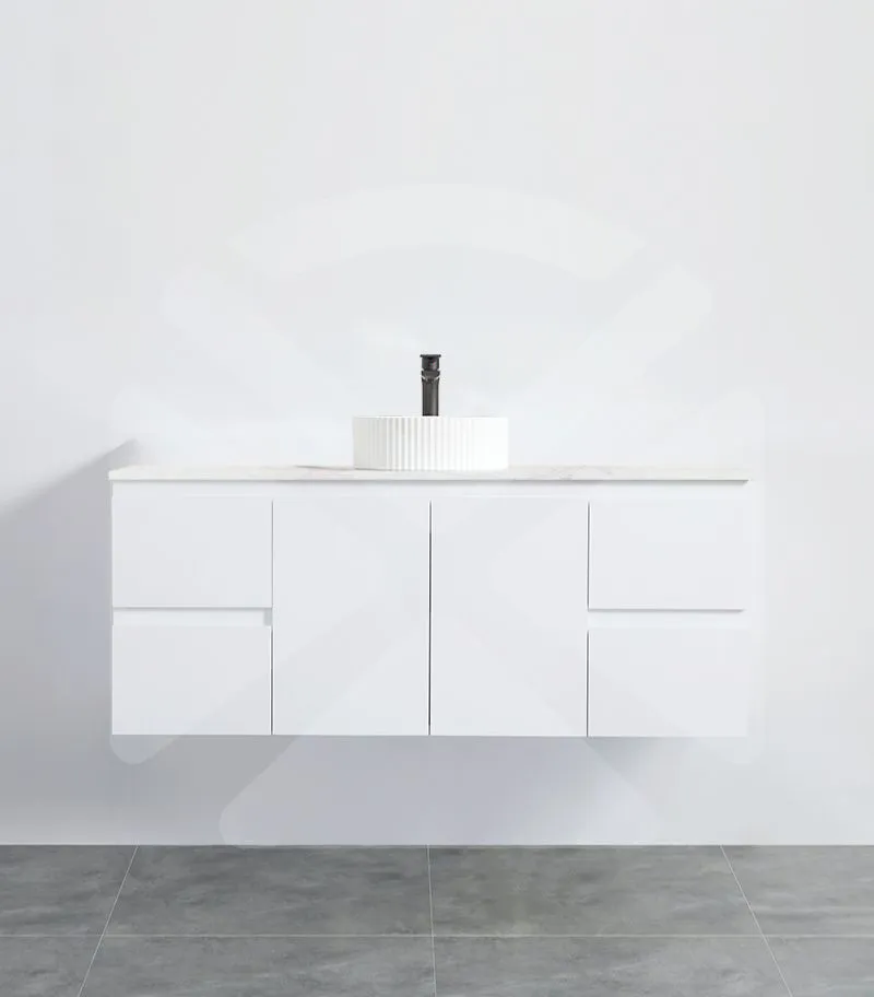 Alpha 1200mm Single Bowl Wall Hung Vanity - Gloss White with Marble Stone Top