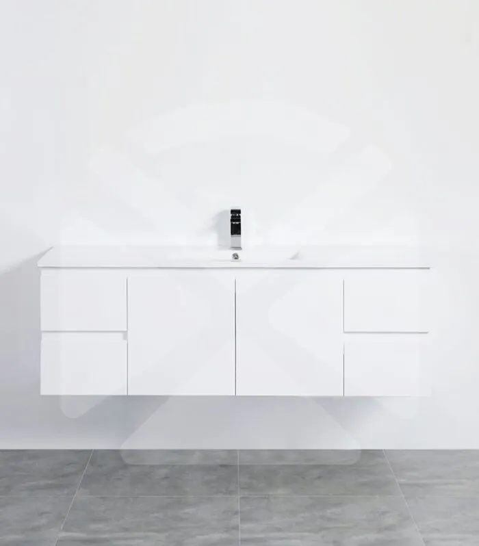 Alpha 1500mm Single Bowl Wall Hung Vanity - Gloss White with Ceramic Top