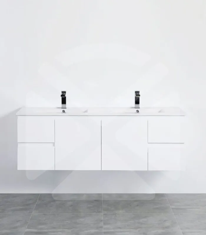 Alpha 1500mm Double Bowl Wall Hung Vanity - Gloss White with Ceramic Top