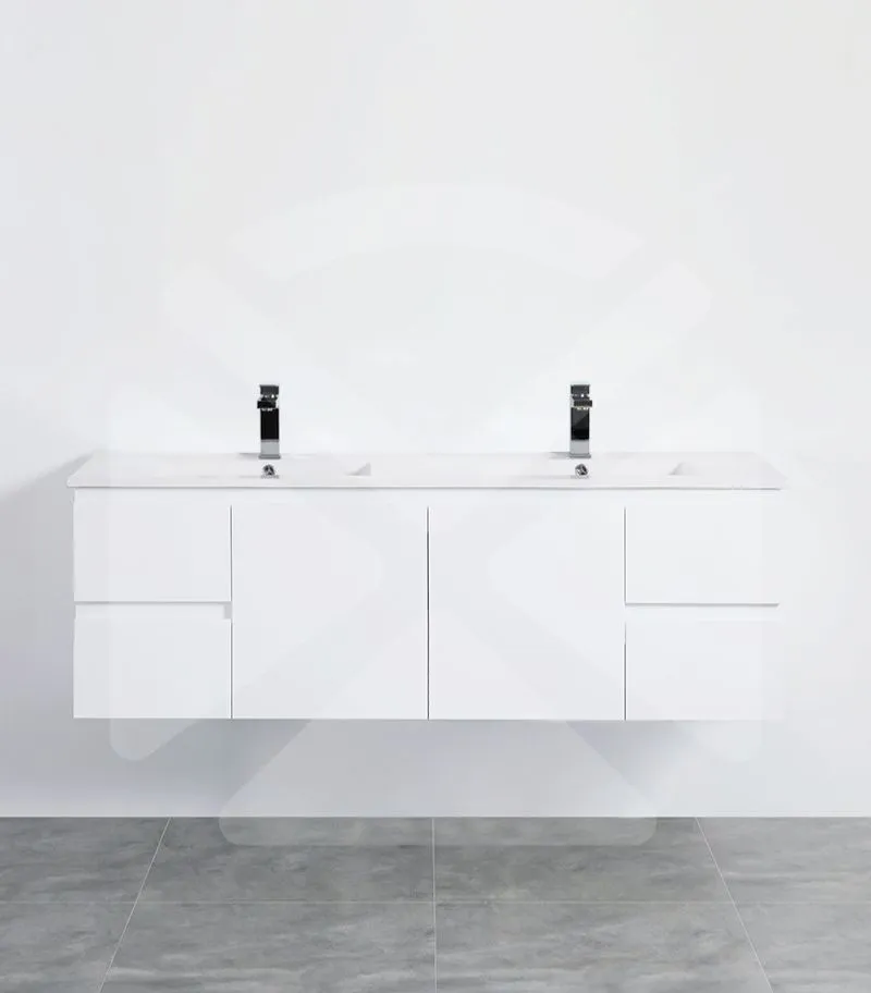 Alpha 1500mm Double Bowl Wall Hung Vanity - Gloss White with Ceramic Top