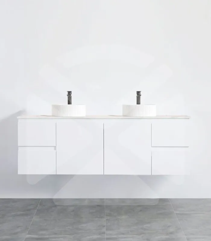 Alpha 1500mm Double Bowl Wall Hung Vanity - Gloss White with Marble Stone Top