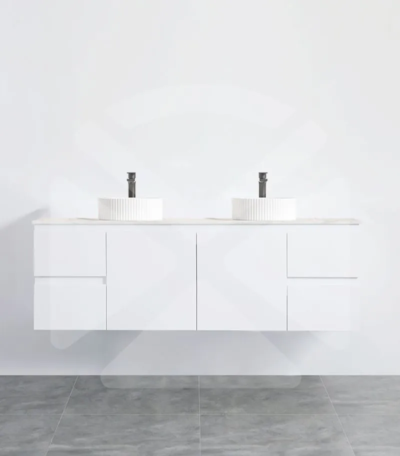 Alpha 1500mm Double Bowl Wall Hung Vanity - Gloss White with Marble Stone Top