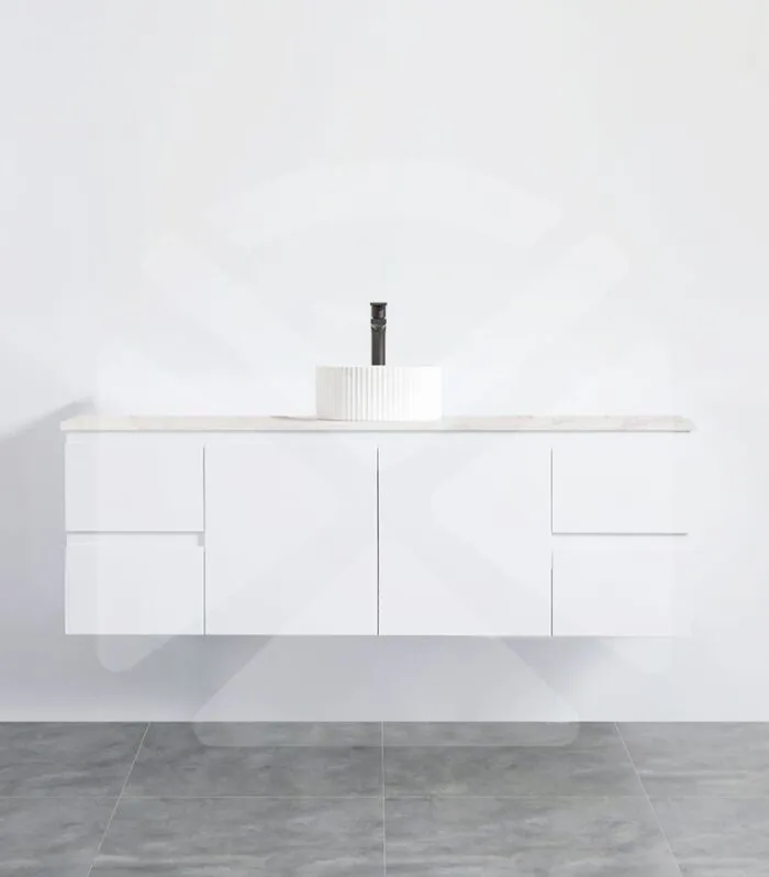 Alpha 1500mm Single Bowl Wall Hung Vanity - Gloss White with Marble Stone Top
