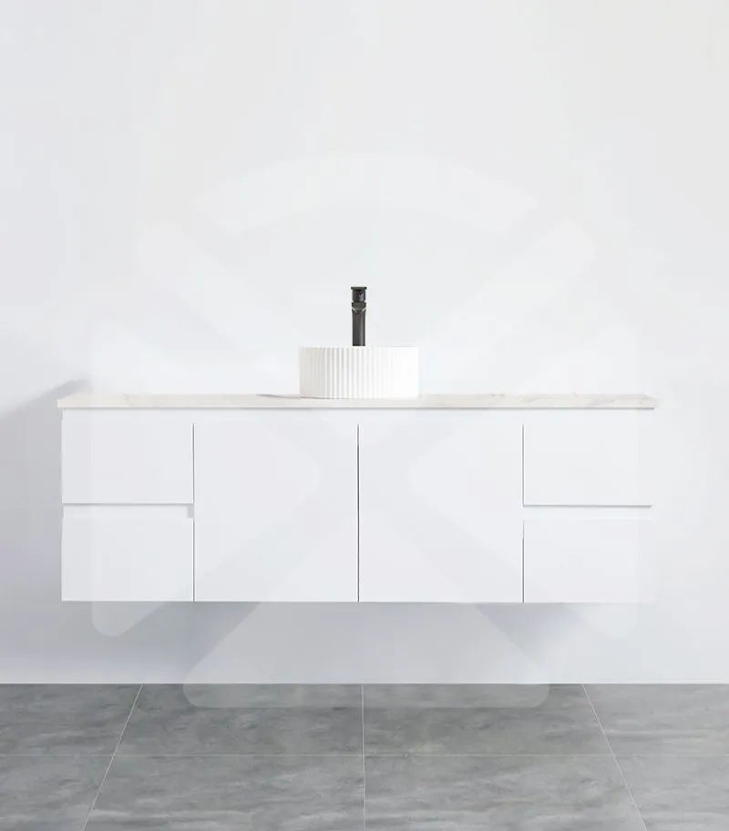 Alpha 1500mm Single Bowl Wall Hung Vanity - Gloss White with Marble Stone Top