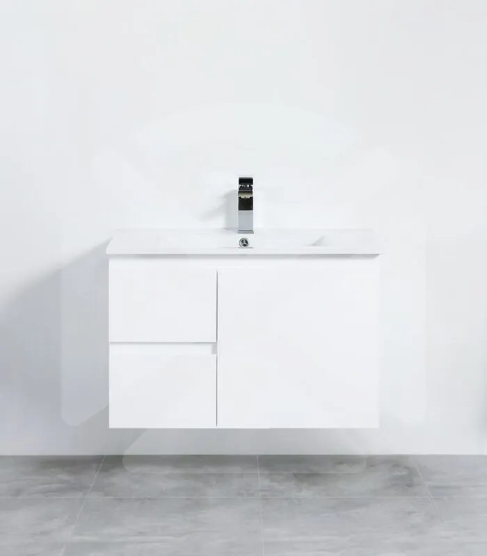 Camden 750mm Wall Hung Vanity - Gloss White with Ceramic Top LHD