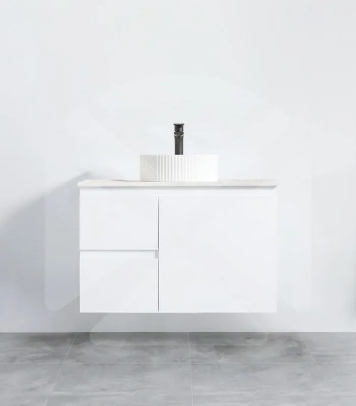 Camden 750mm Wall Hung Vanity - Gloss White with Marble Stone Top LHD