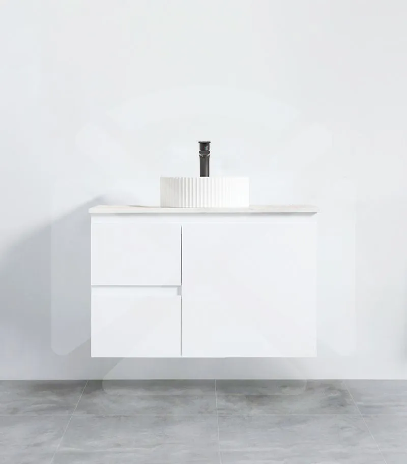 Camden 750mm Wall Hung Vanity - Gloss White with Marble Stone Top LHD