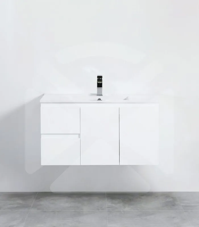 Alpha 900mm Wall Hung Vanity - Gloss White with Ceramic Top LHD