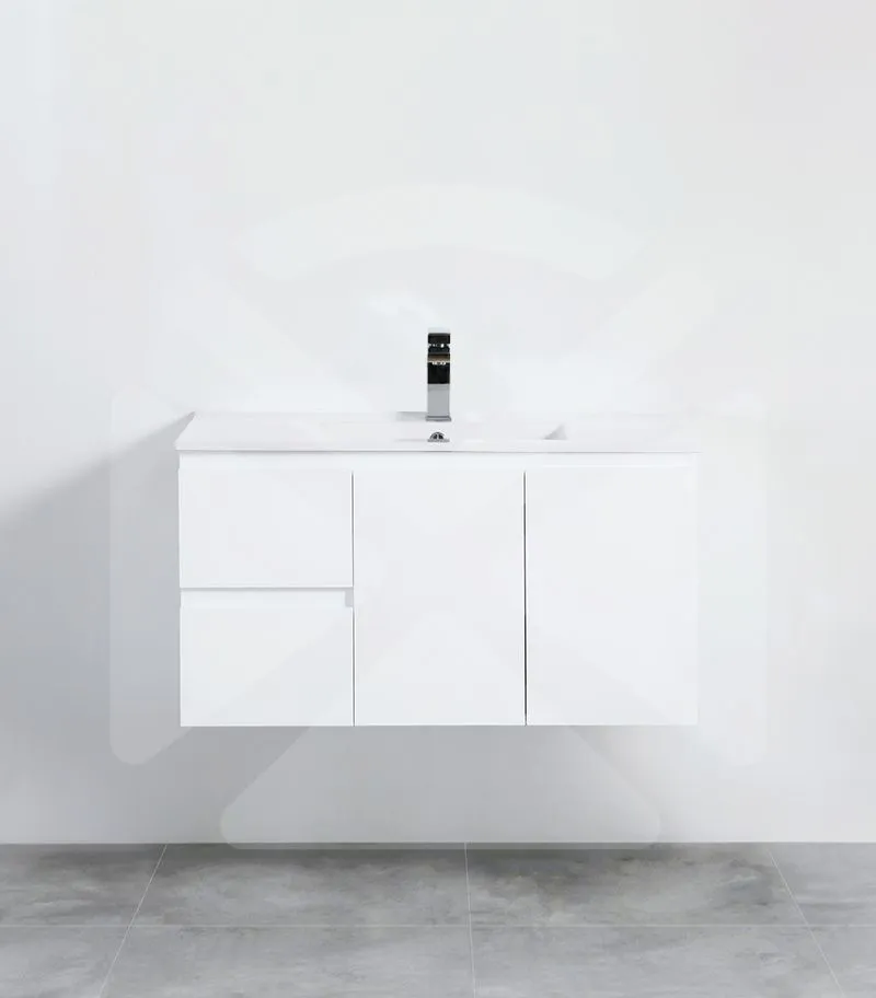 Alpha 900mm Wall Hung Vanity - Gloss White with Ceramic Top LHD