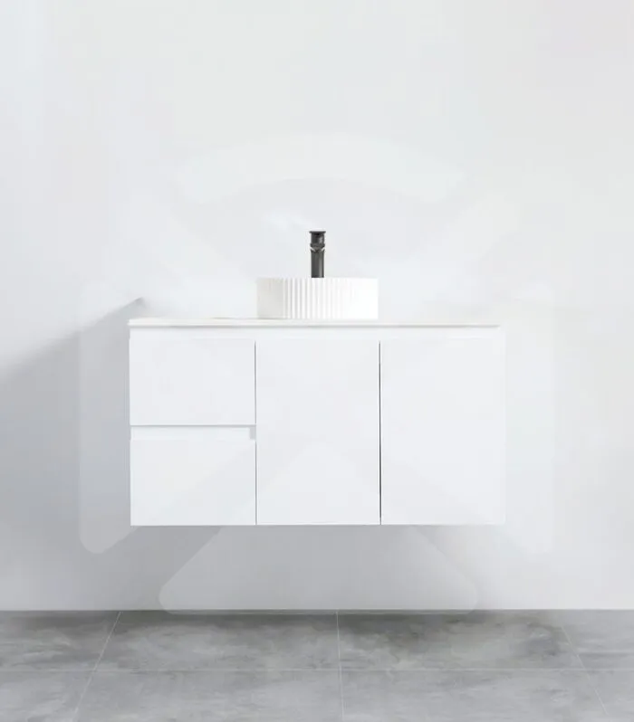Alpha 900mm Wall Hung Vanity - Gloss White with Marble Stone Top LHD