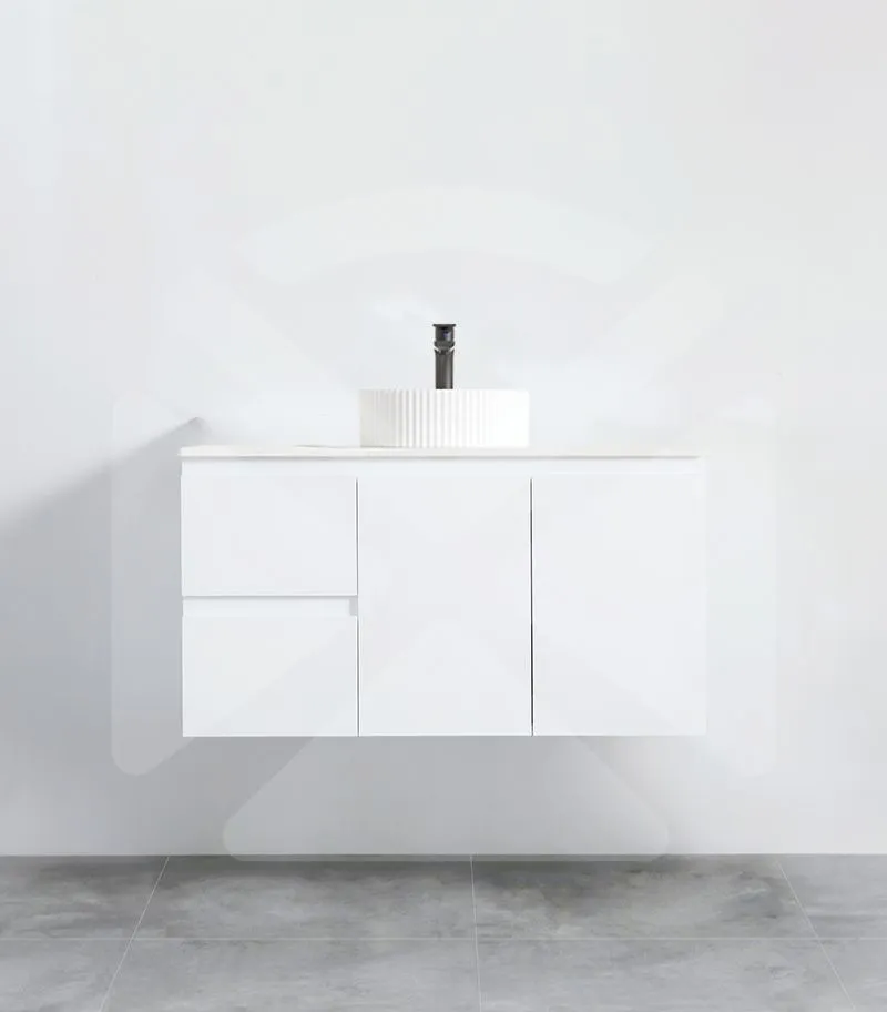 Alpha 900mm Wall Hung Vanity - Gloss White with Marble Stone Top LHD