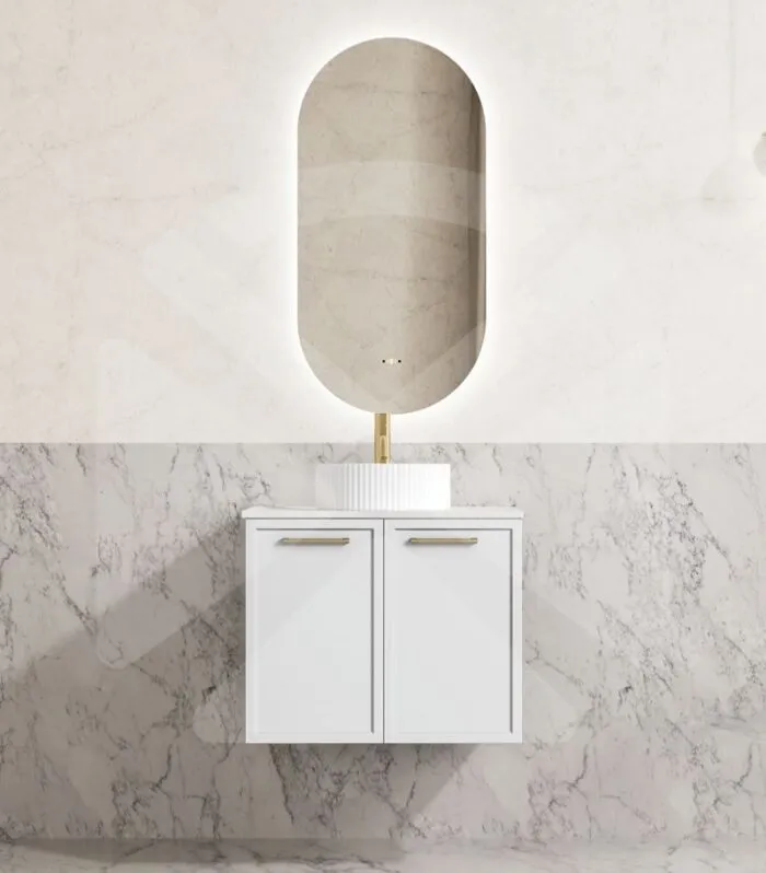 Kingley 600mm Wall Hung Vanity - Matt White with Marble Stone Top