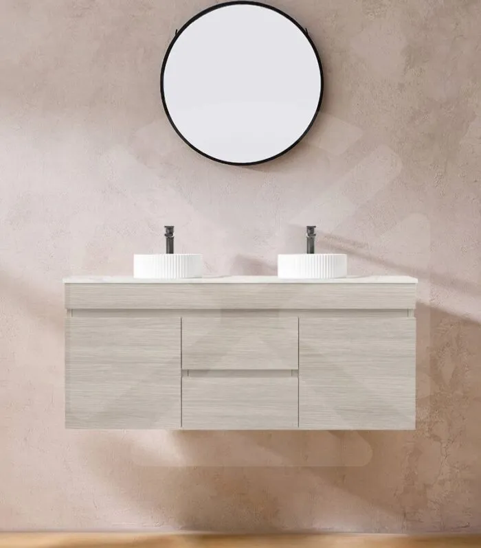 Camden 1200mm Double Bowl Wall Hung Vanity - Coastal Oak with Marble Stone Top