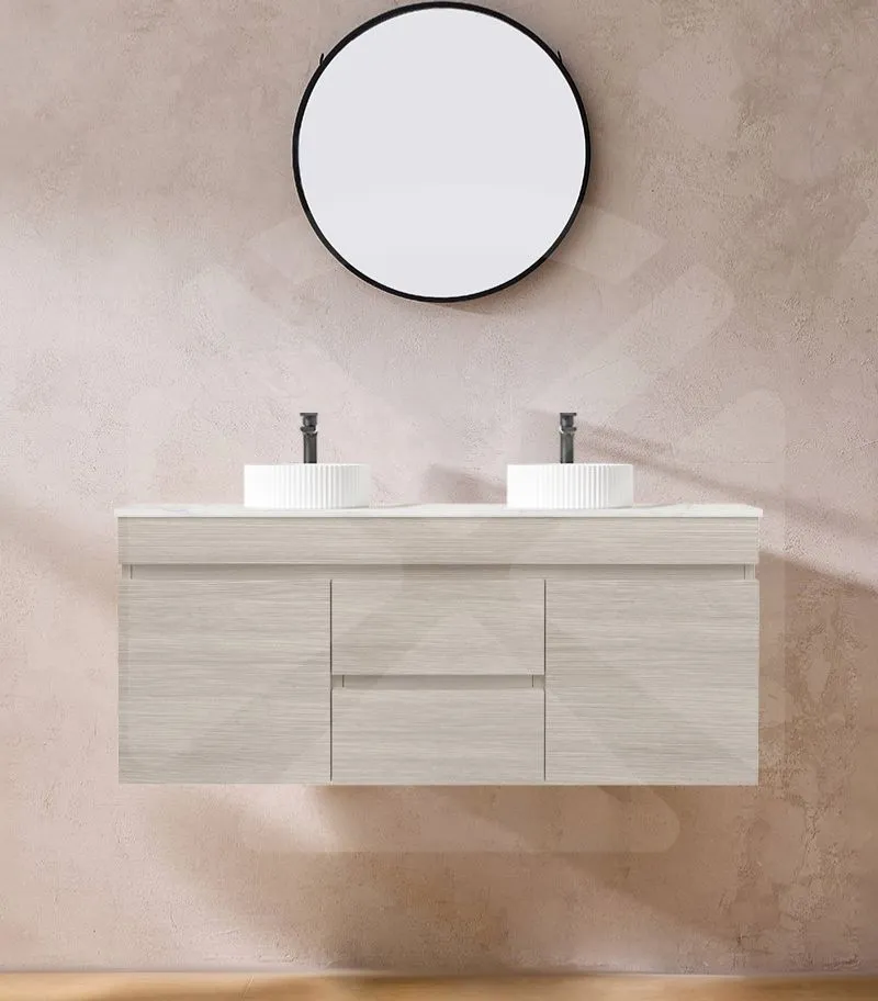 Camden 1200mm Double Bowl Wall Hung Vanity - Coastal Oak with Marble Stone Top