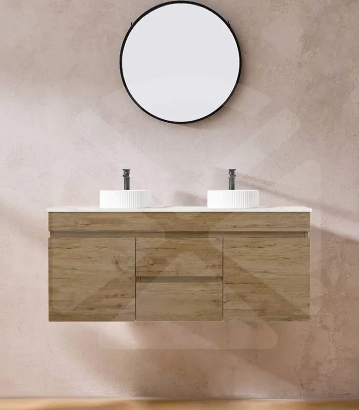 Camden 1200mm Double Bowl Wall Hung Vanity - Prime Oak with Marble Stone Top