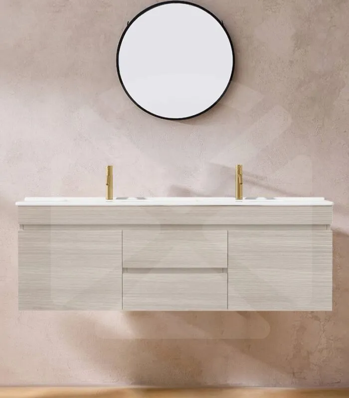 Camden 1500mm Double Bowl Wall Hung Vanity - Coastal Oak with Ceramic Top