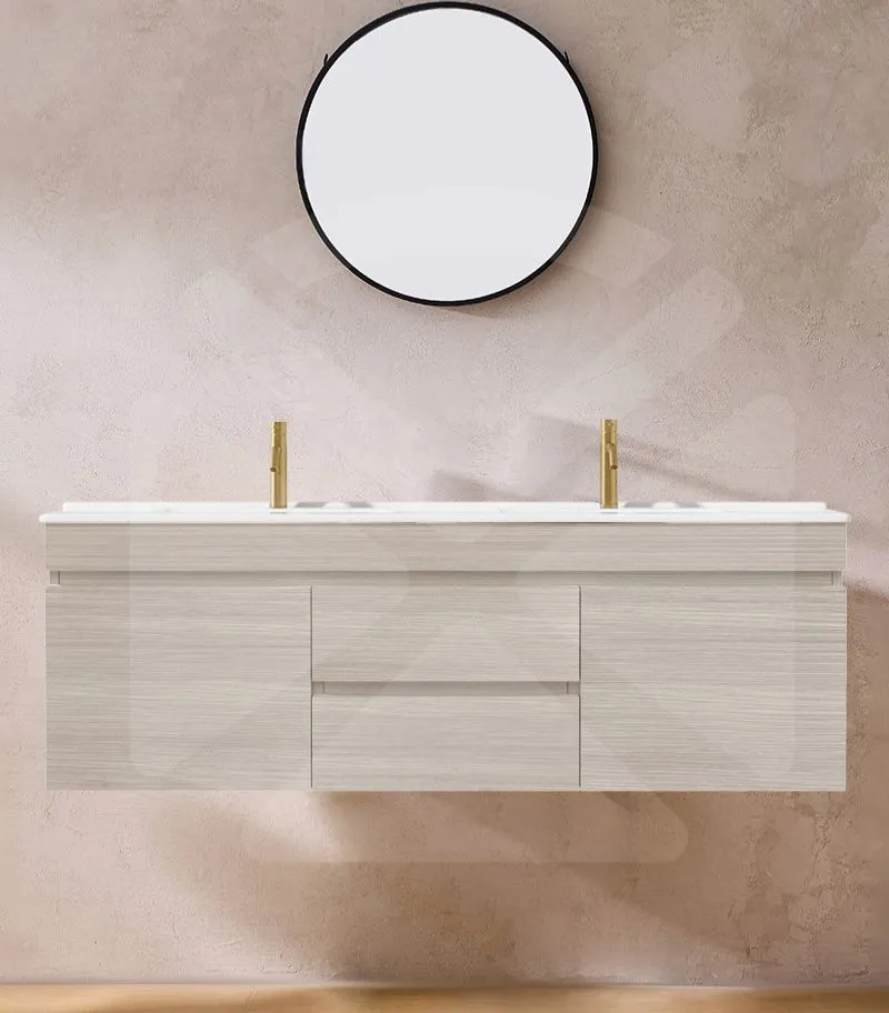 Camden 1500mm Double Bowl Wall Hung Vanity - Coastal Oak with Ceramic Top