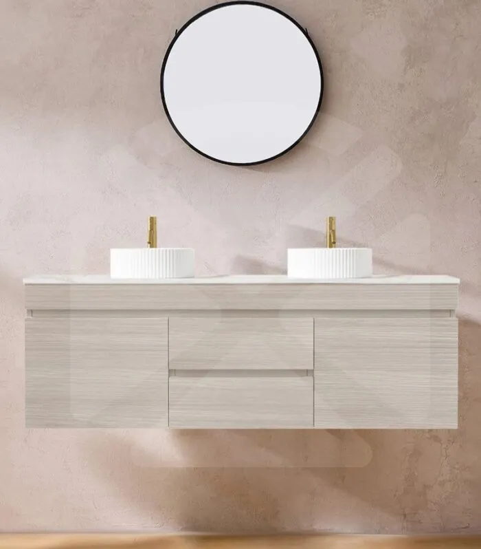 Camden 1500mm Double Bowl Wall Hung Vanity - Coastal Oak with Marble Stone Top