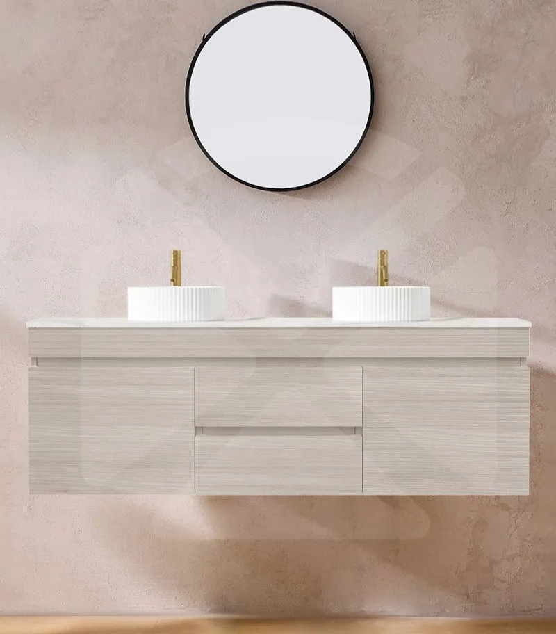 Camden 1500mm Double Bowl Wall Hung Vanity - Coastal Oak with Marble Stone Top