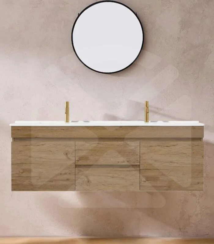 Camden 1500mm Double Bowl Wall Hung Vanity - Prime Oak with Ceramic Top