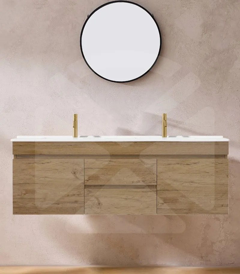 Camden 1500mm Double Bowl Wall Hung Vanity - Prime Oak with Ceramic Top