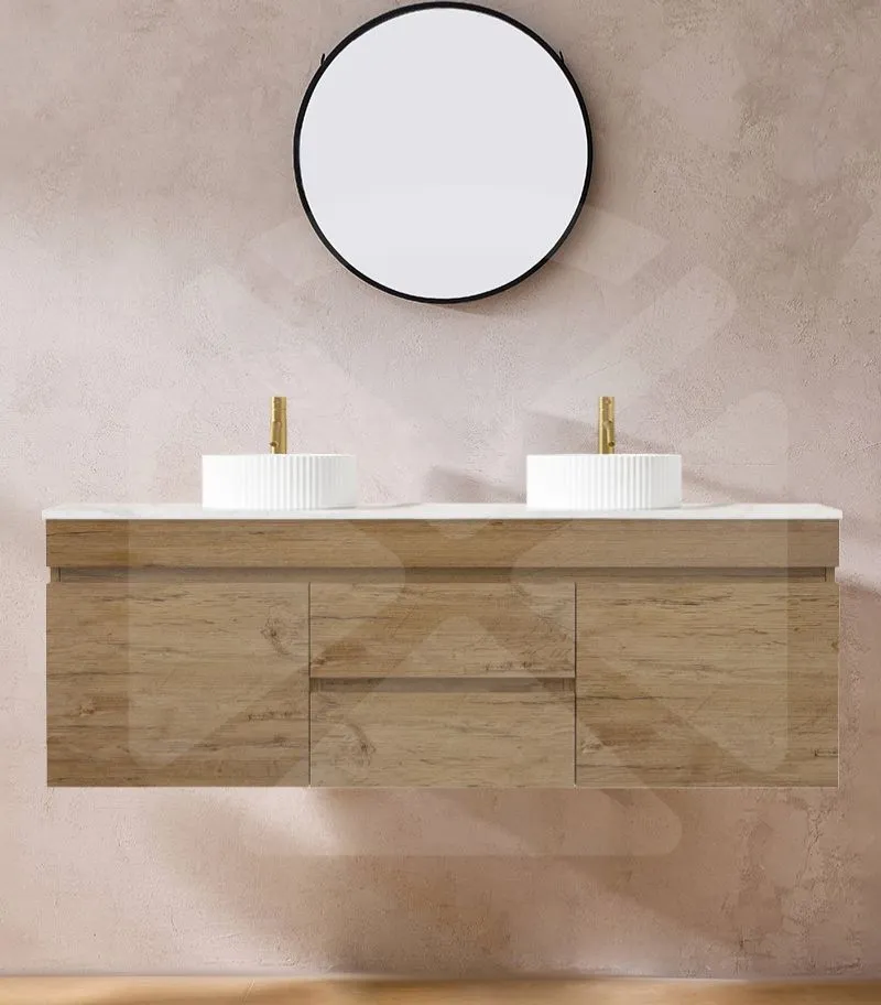 Camden 1500mm Double Bowl Wall Hung Vanity - Prime Oak with Marble Stone Top