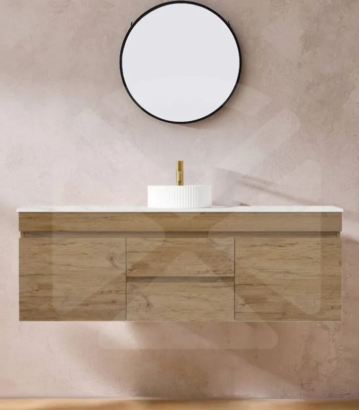 Camden 1500mm Single Bowl Wall Hung Vanity - Prime Oak with Marble Stone Top