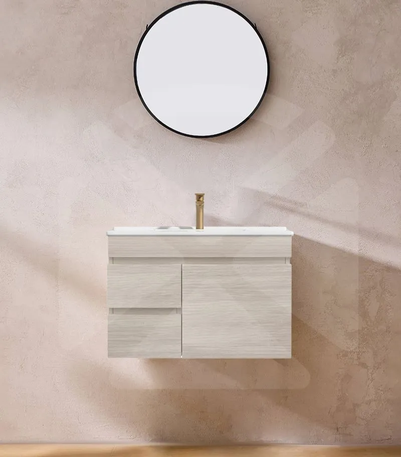 Camden 750mm Wall Hung Vanity - Coastal Oak with Ceramic Top LHD