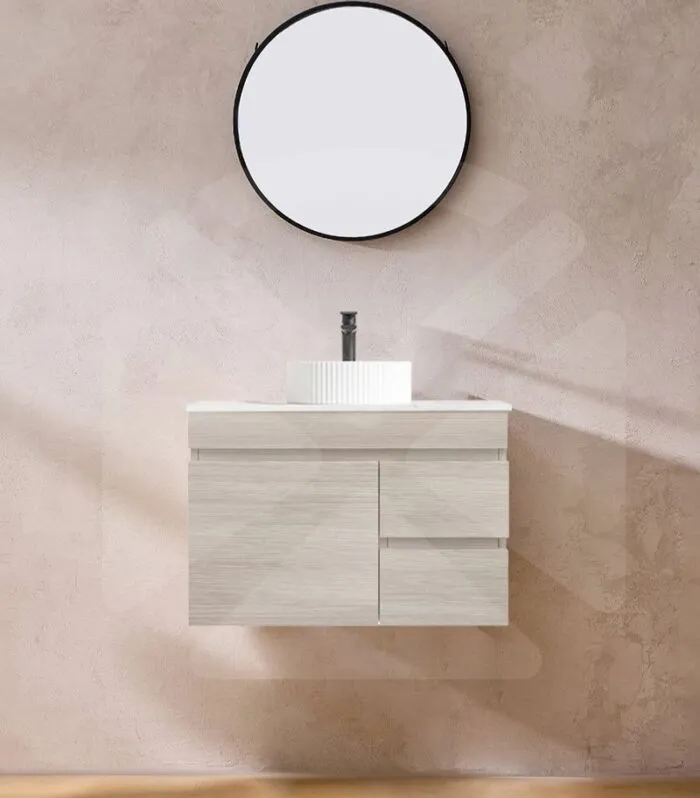 Camden 750mm Wall Hung Vanity - Coastal Oak with Marble Stone Top RHD