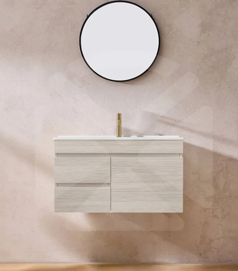 Camden 900mm Wall Hung Vanity - Coastal Oak with Ceramic Top LHD