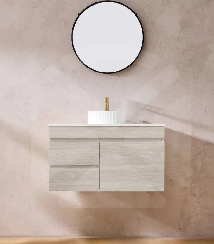 Camden 900mm Wall Hung Vanity - Coastal Oak with Marble Stoine Top LHD