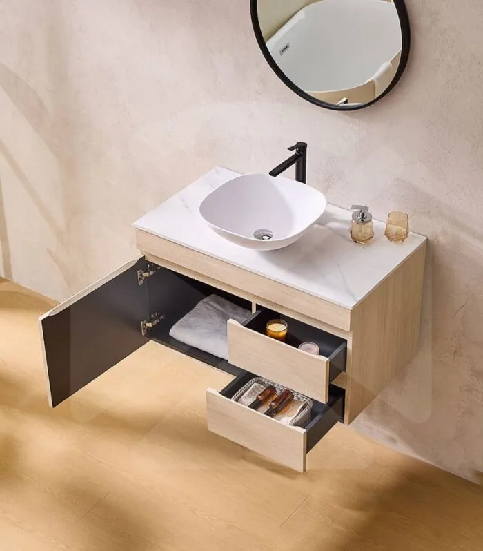 Camden 900mm Wall Hung Vanity - Coastal Oak with open door