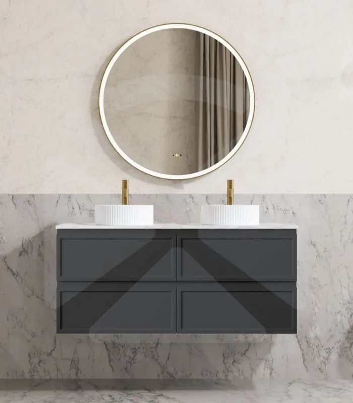Hamilton Shaker 1200mm Double Bowl Wall Hung Vanity - Matt Black with Marble Stone Top