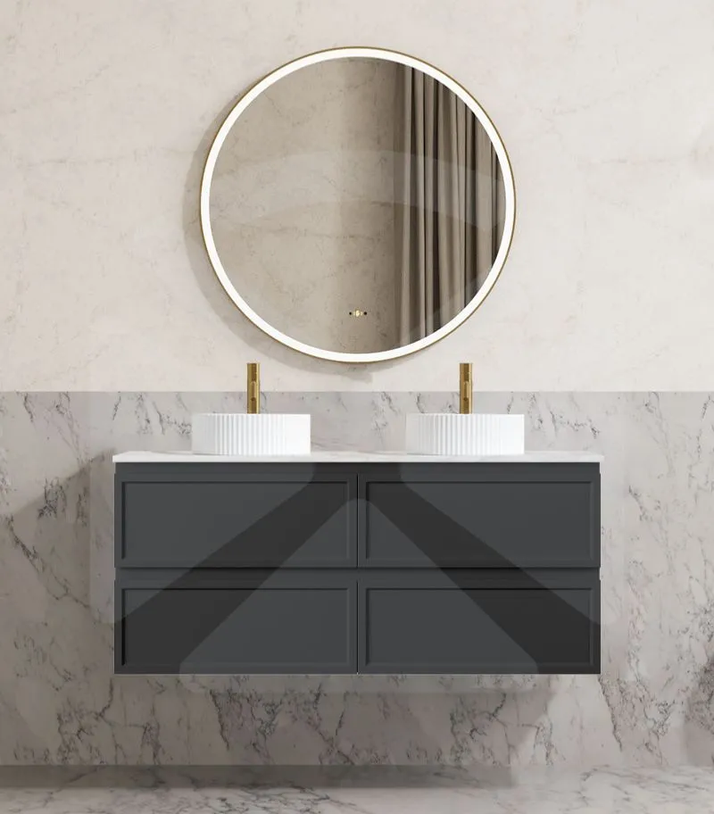 Hamilton Shaker 1200mm Double Bowl Wall Hung Vanity - Matt Black with Marble Stone Top